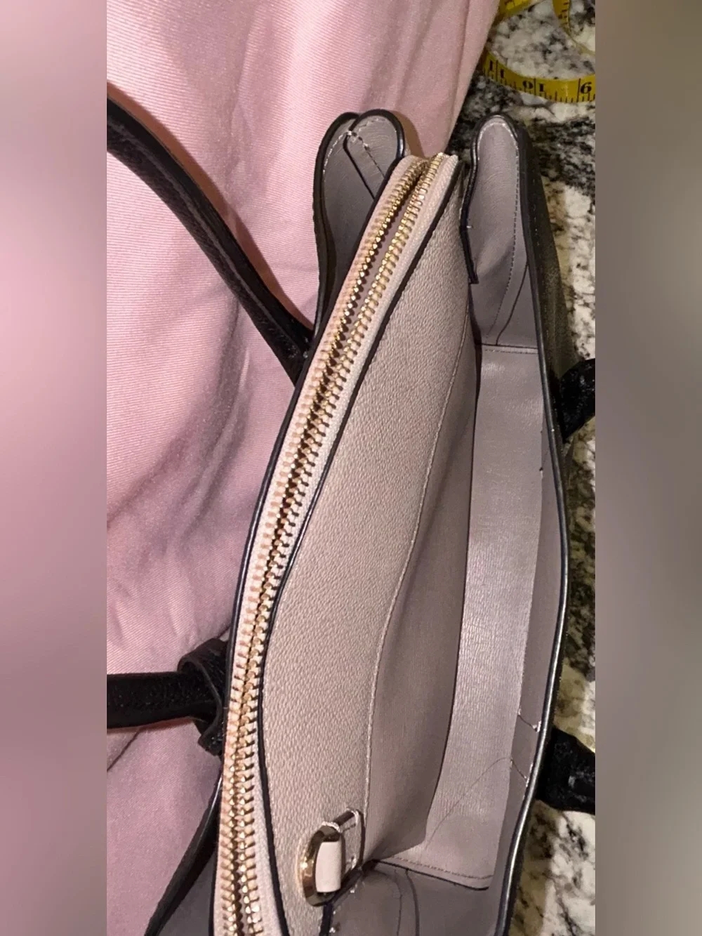 kate spade Black Pebbled Leather Satchel with Light Gray Trim